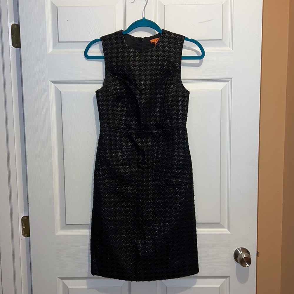 Tory Burch Fletcher Dress Black Houndstooth Metallic Blend Pockets Sz 0